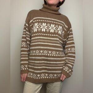 100% natural fiber chunky snowflake fair isle sweater - brown turtleneck sz Lg